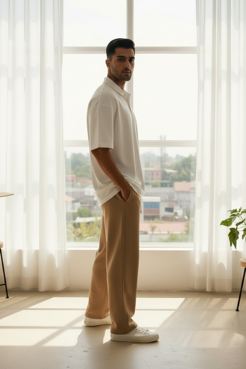Men's Co-ord Set — Cream Shirt & Light Camel Trouser